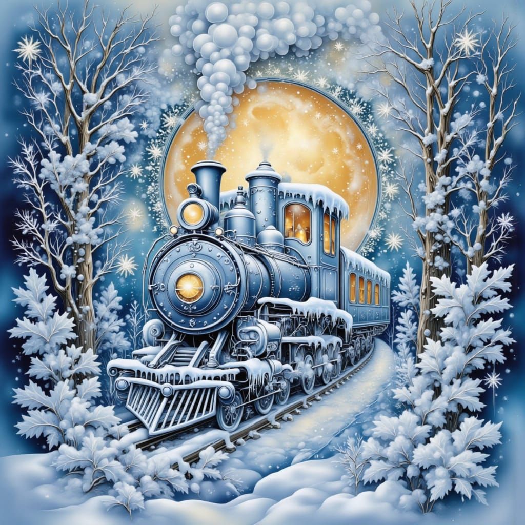 Winter Train Scene Carved into a Moon