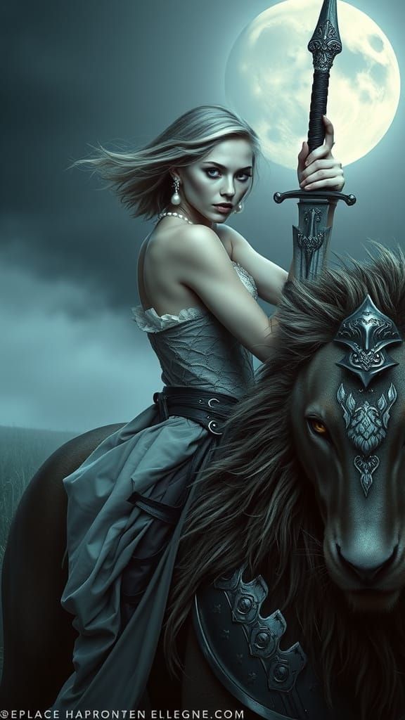 Gothic Vampire Goddess Rides Majestic Lion Under Full Moon