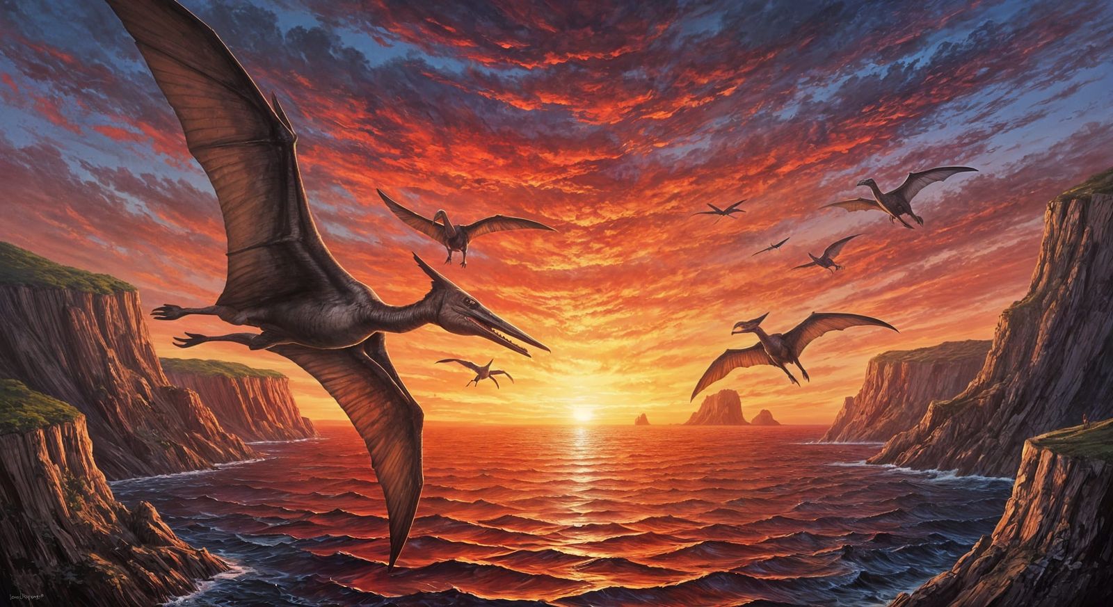 Pterosaurs Soaring Above Crimson Sea as Impasto Painting