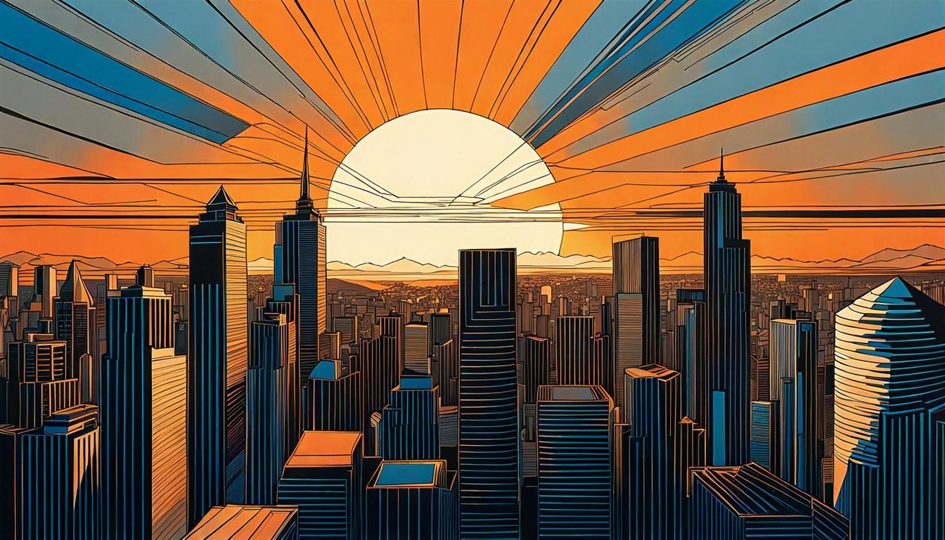 View from high up of a city at sun set