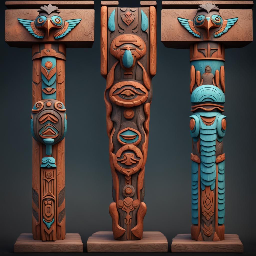First Nations Thunderbird Totems in Detailed Matte Painting