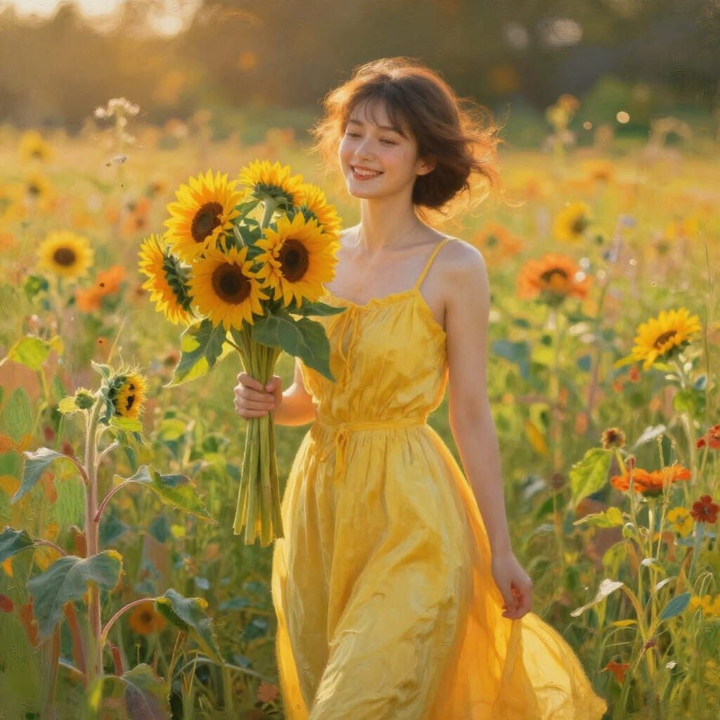 Woman in Sun-Drenched Meadow with Sunflowers