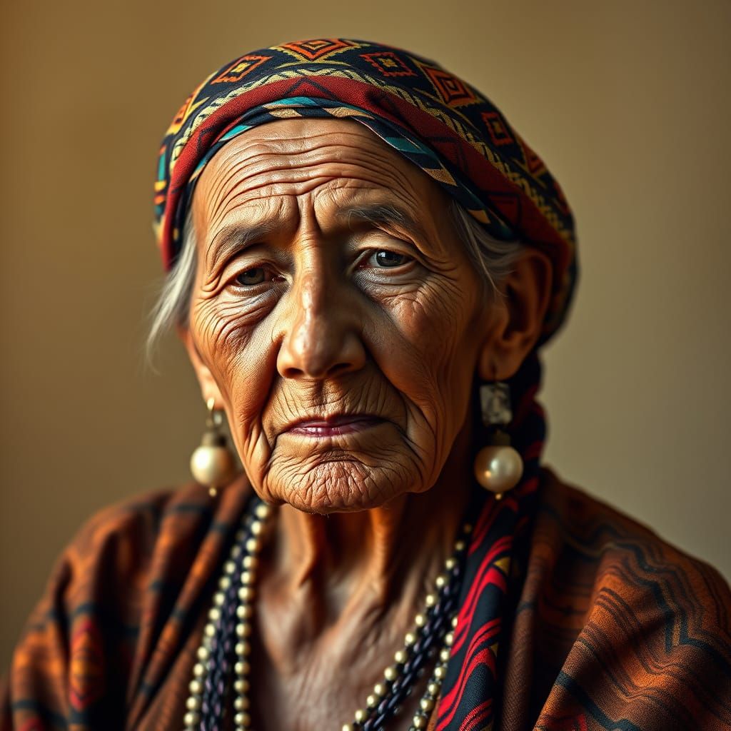 Native American old woman with wrinkled skin