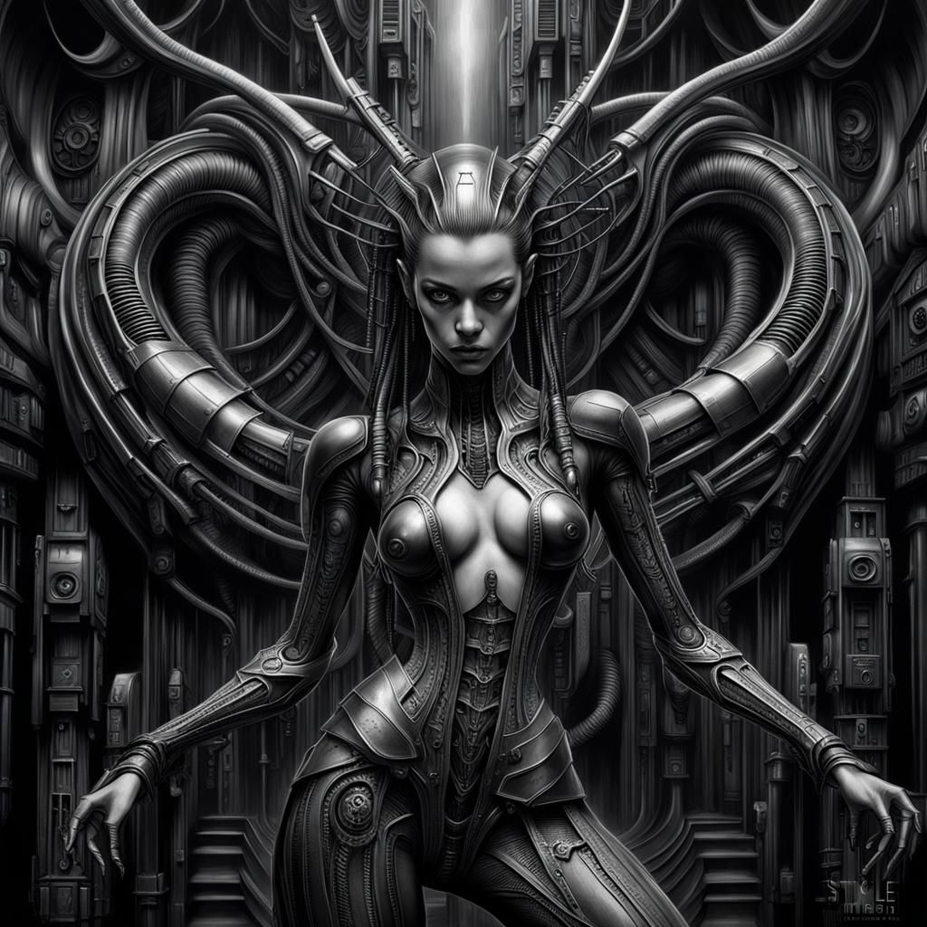 Gothic Cyberpunk Female Figure in Hyperrealistic Art