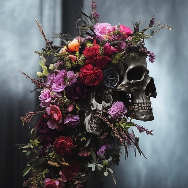 Gothic Still Life with Skull and Flowers