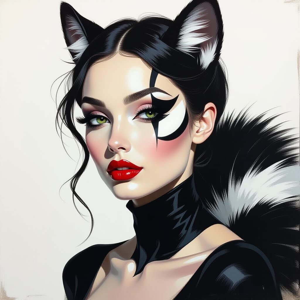 Elegant Woman With Skunk Markings Gouache Painting