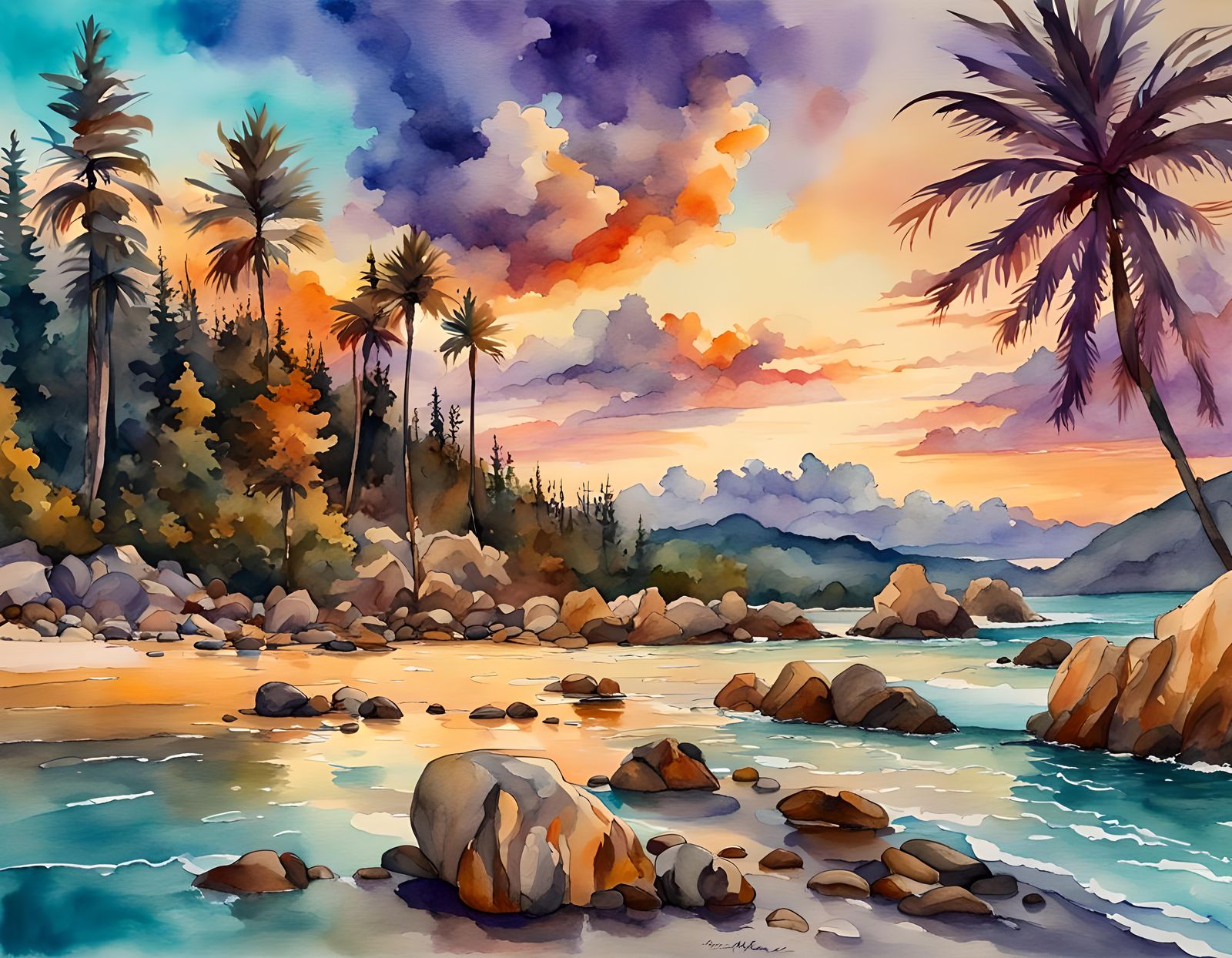 A Watercolor Beach Landscape at Sunset