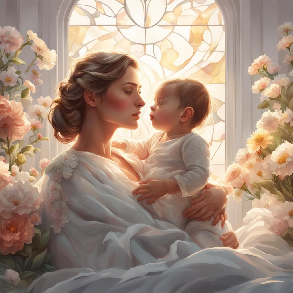 Radiant Mother and Child Portrait in Art Nouveau Style