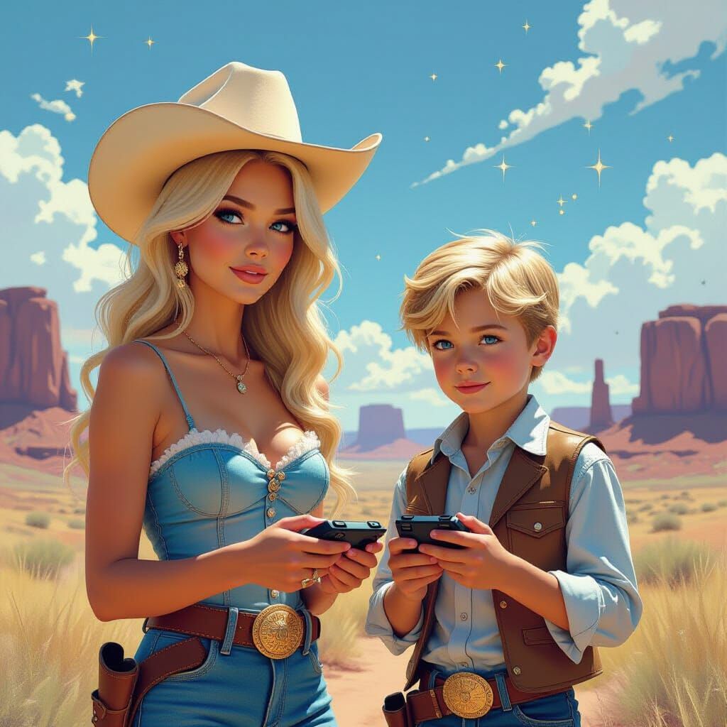 Cowgirl and Boy Playing Minecraft in Impasto Landscape