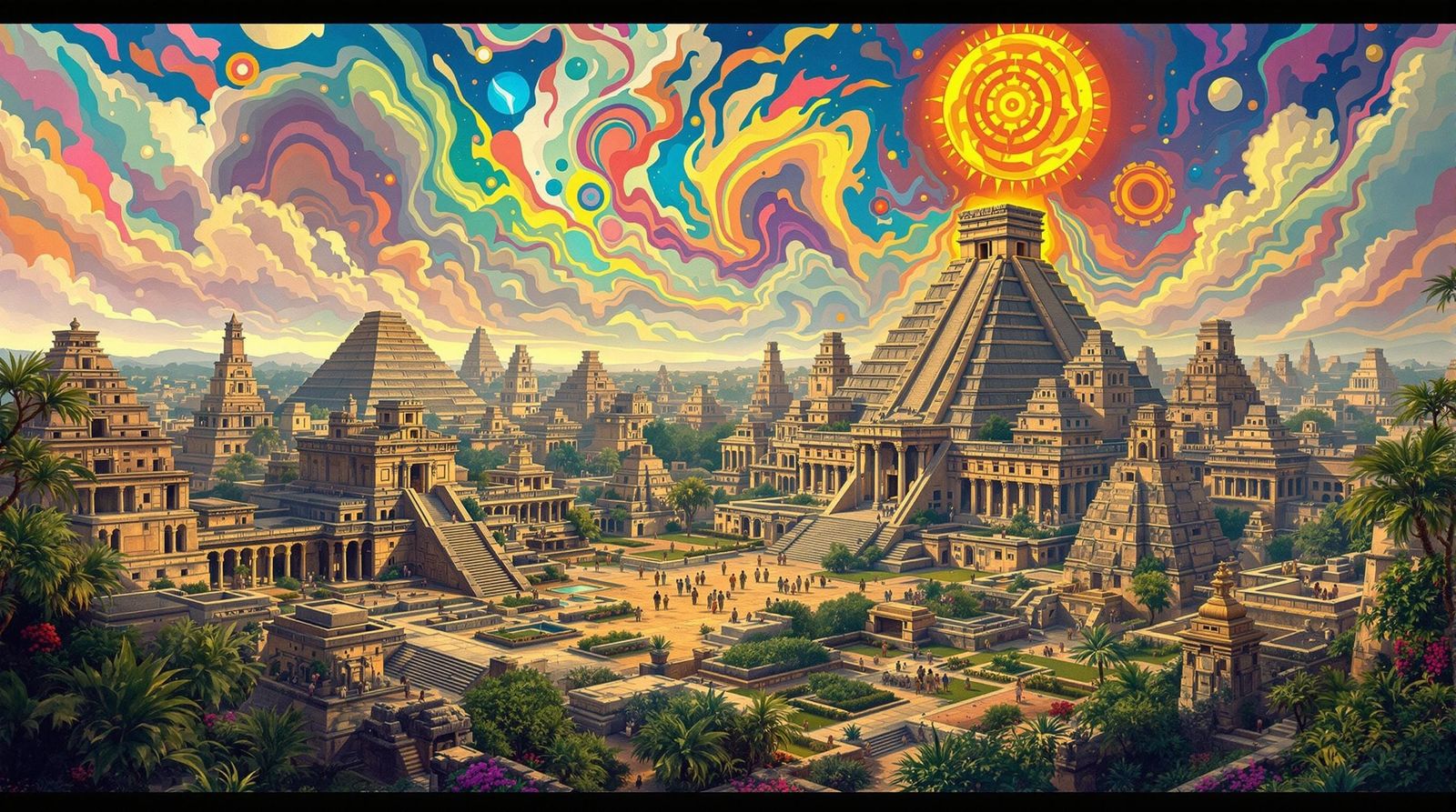 Ancient Mesoamerican Cityscape in Vibrant Surreal Sky