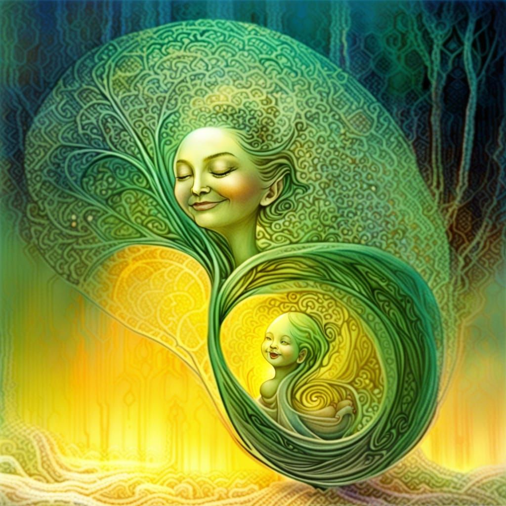 Mother and Child in Fractal Forest, Mystical Art