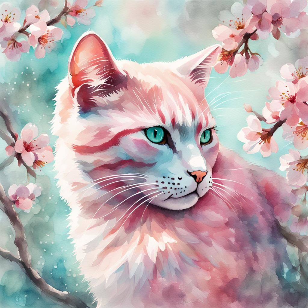 Pastel Pink Cat Under Cherry Blossoms in Watercolour