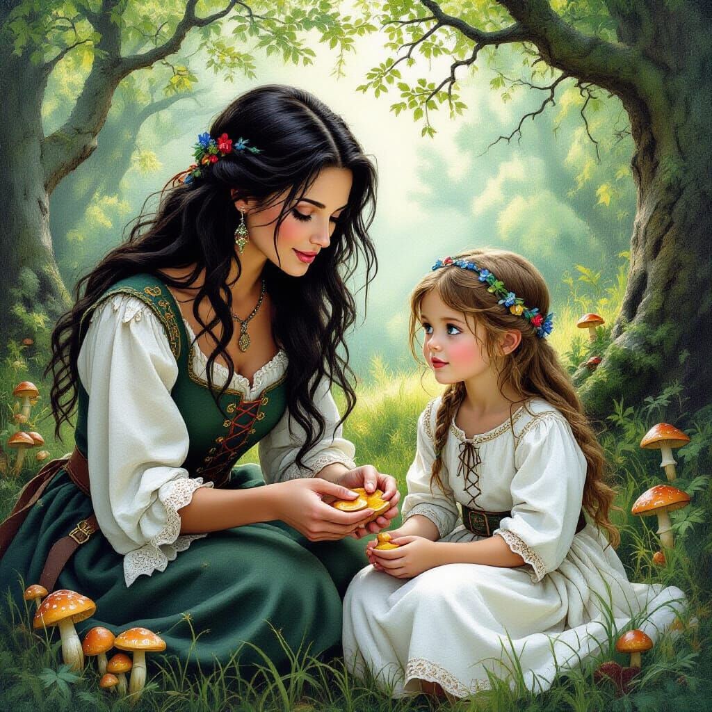 Medieval Woman and Child Foraging in Mystical Forest