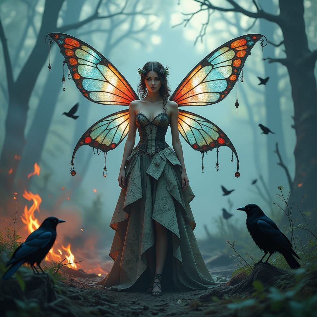 Post-Apocalyptic Fairy in Smoky Forest, Dark Fantasy Art
