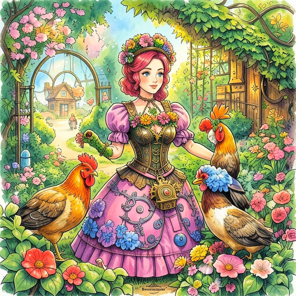 Steampunk Gardener Lady with Chickens in Whimsical Overgrown...