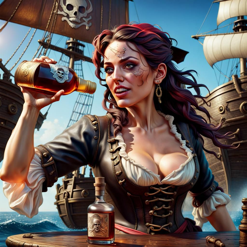 Pirate Wench with Rum Bottle: Hyperrealistic Concept Art