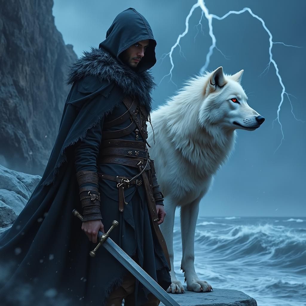 Warrior and Wolf in Tempest, Gritty Dark Art