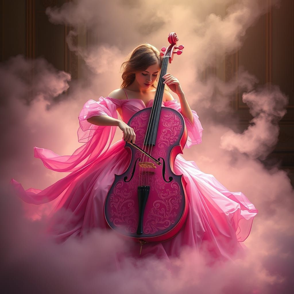Woman in Luminous Baroque Setting Plays Glowing Cello