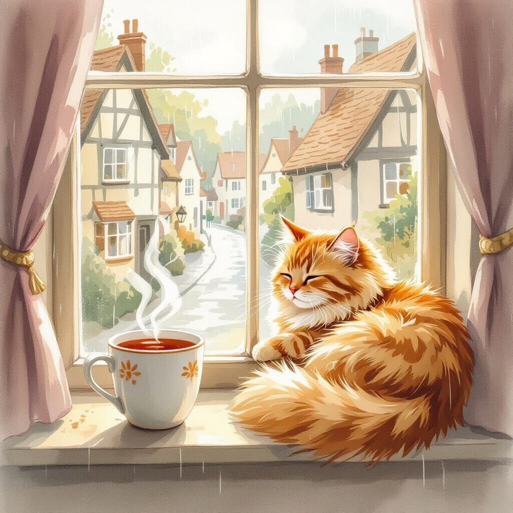 Cozy Ginger Cat in Sunbeam with Tea and Rain Outside