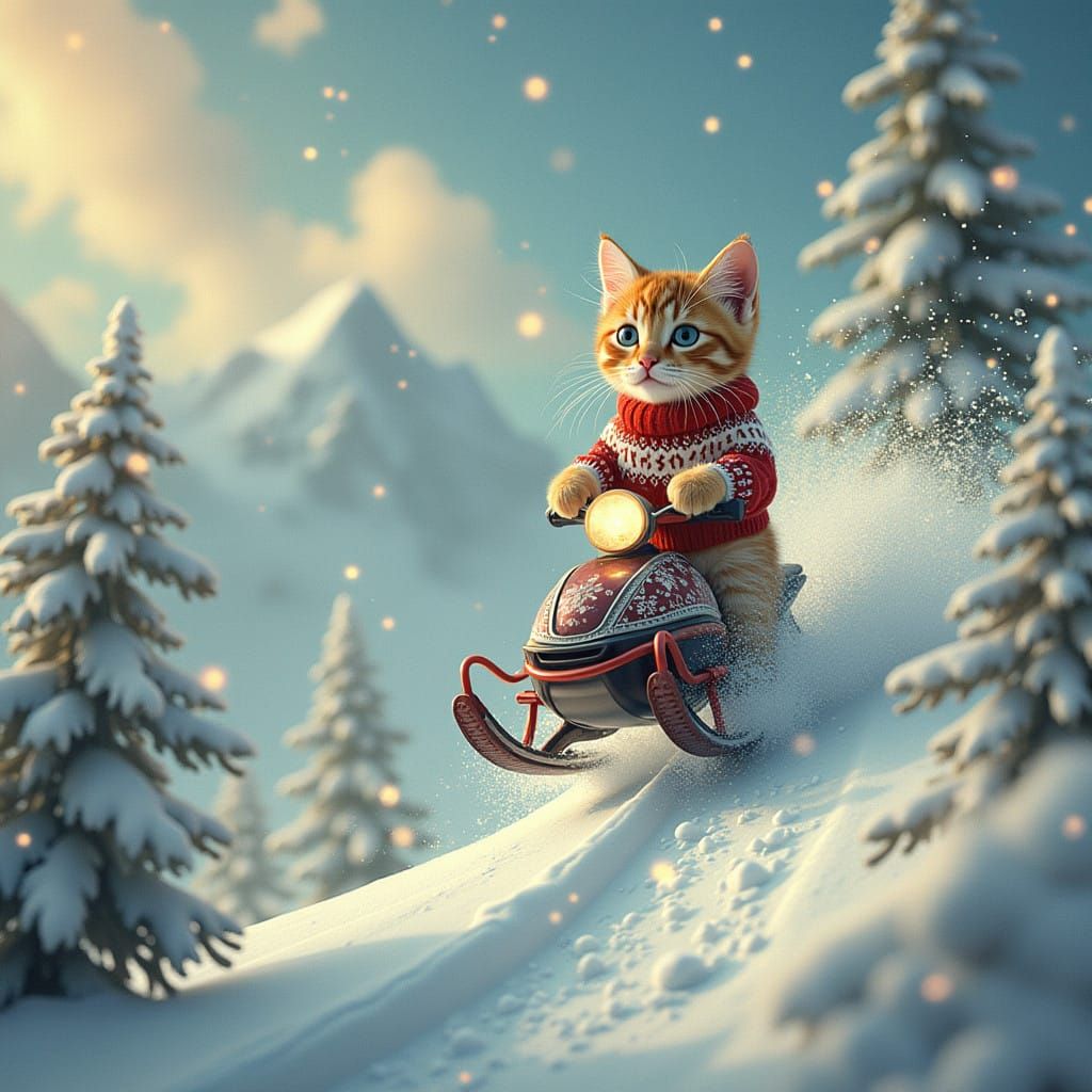 Enchanted Magical Kitten Rides Snowmobile Down Winter Wonder...