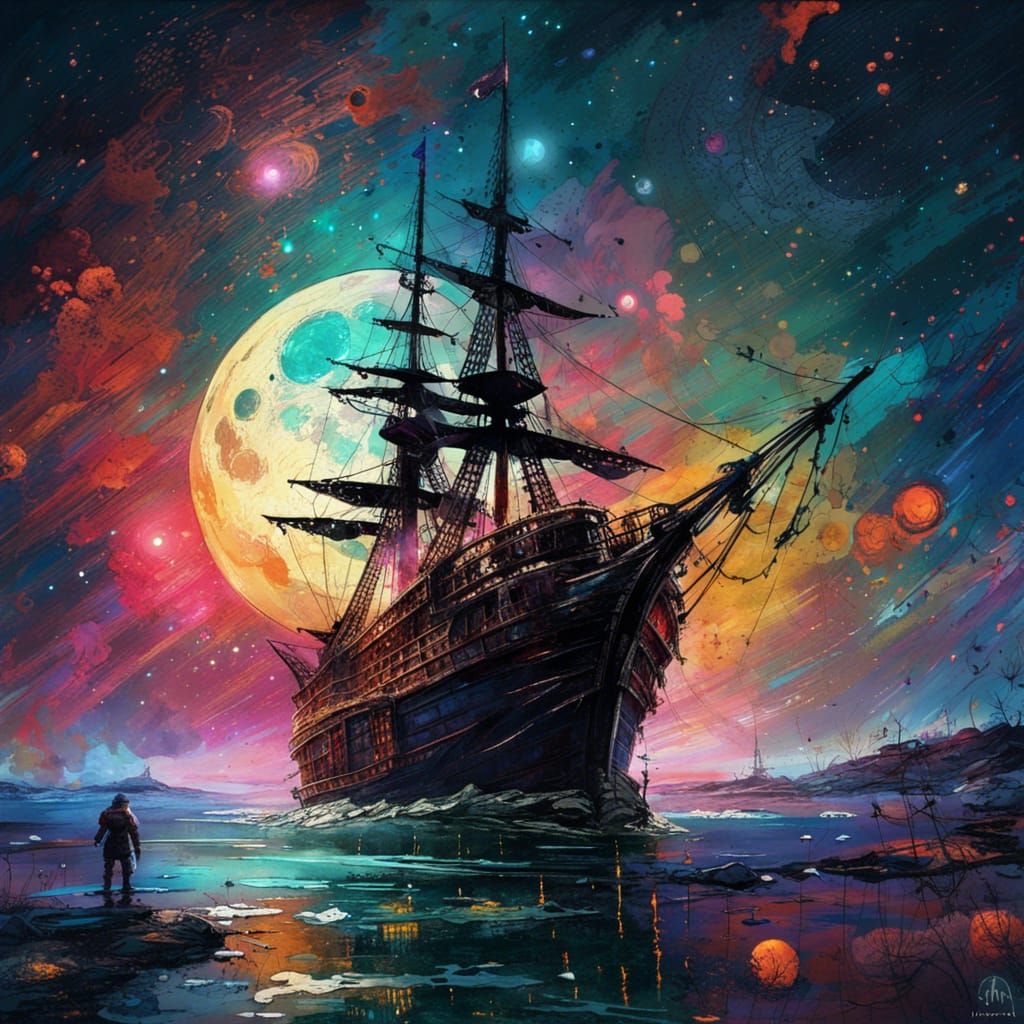 Pirate Ship Sails Through Space Under Luminous Moon