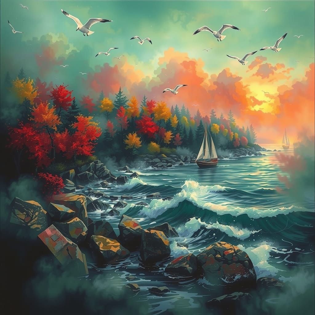 Sailboats in a Thomas Kinkade-Inspired Coastal Scene with Fa...
