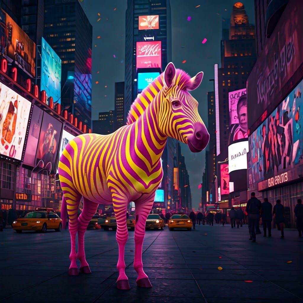 Pink Zebra in Times Square: Matte Painting Style
