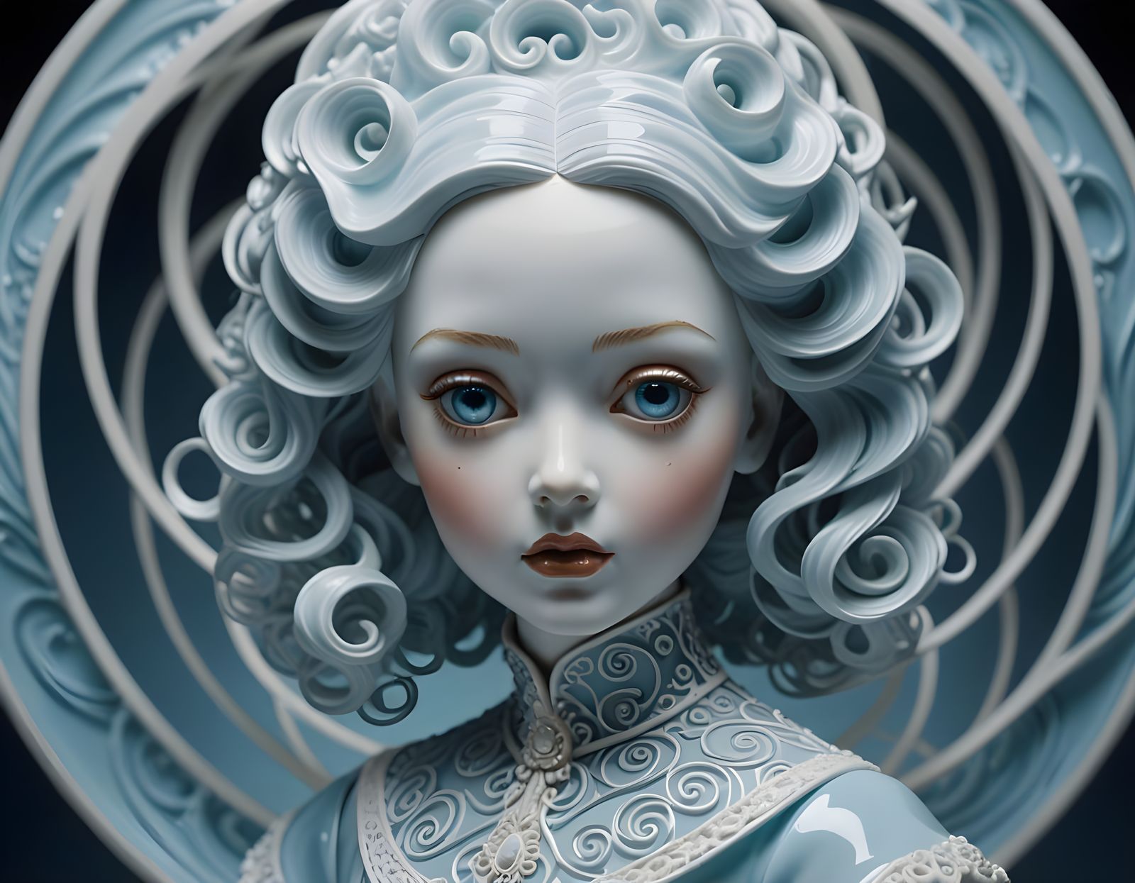Avant-Garde Porcelain Doll Gazing into Light Vortex