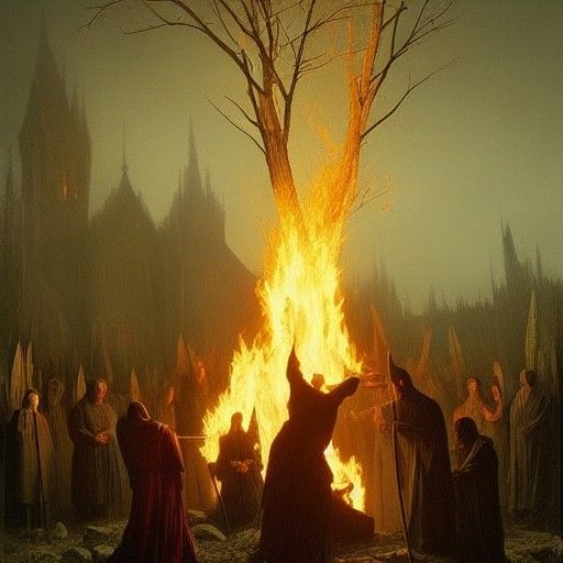 Medieval Bonfire with Monks in Horror Style