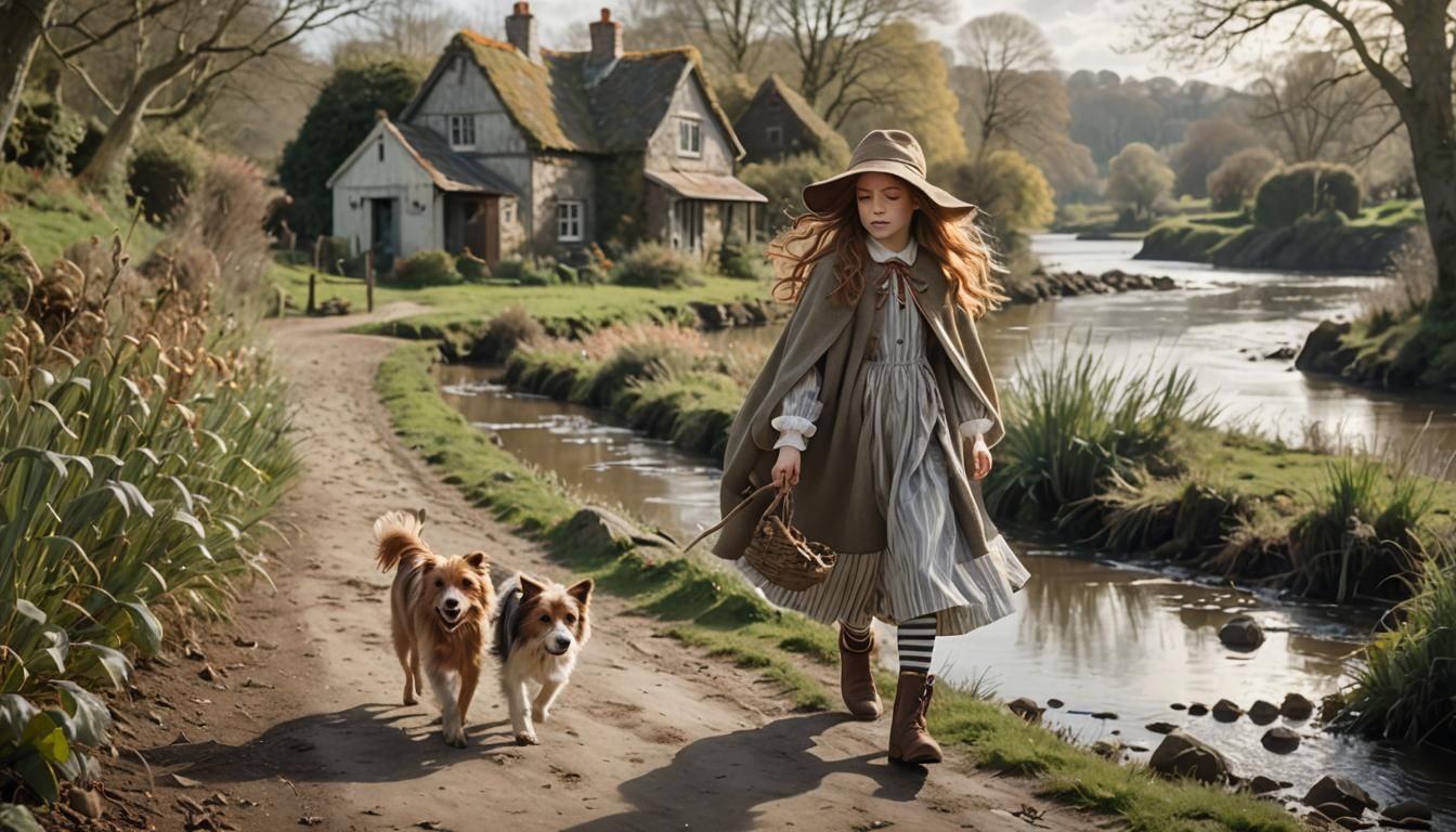 Whimsical Girl with Dog in Impressionist Oil Painting