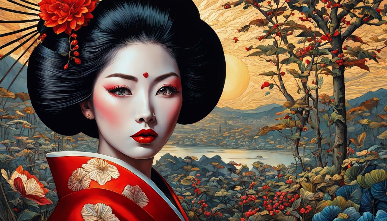 Mysterious Geisha in Dramatic Atmospheric Digital Matte Pain...