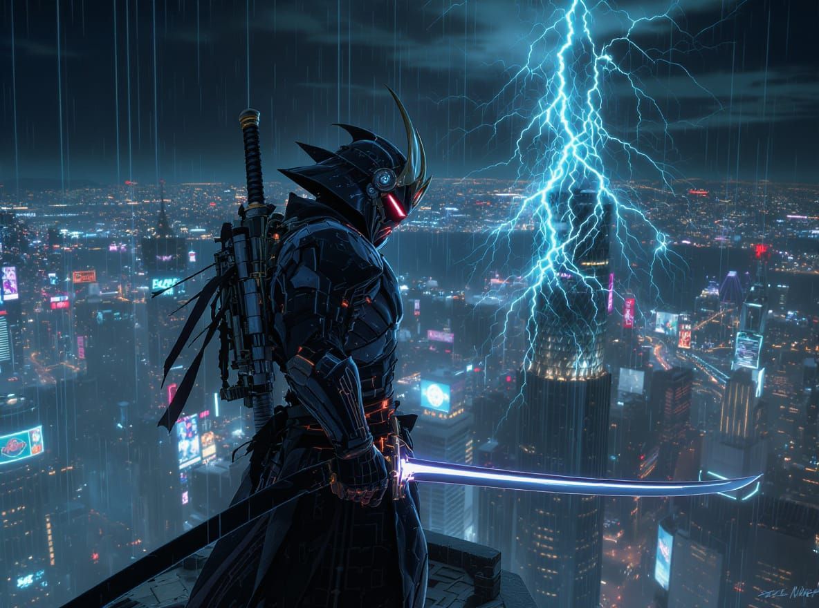 Cyberpunk Samurai Guardian of Neon Metropolis