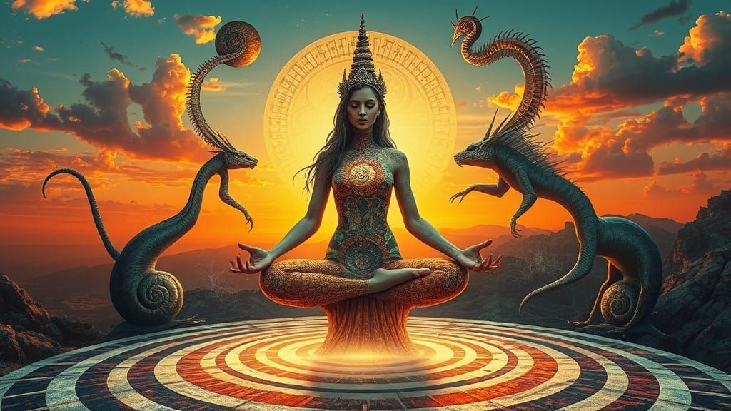 Mystical Woman Meditating in Surreal Sunset Labyrinth