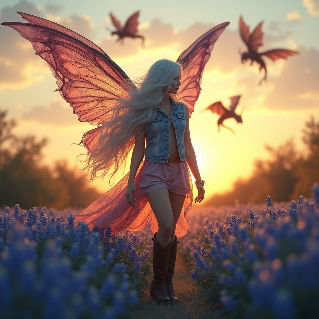 Surreal Texan Fairy Queen Rides Through Cosmic Bluebonnets
