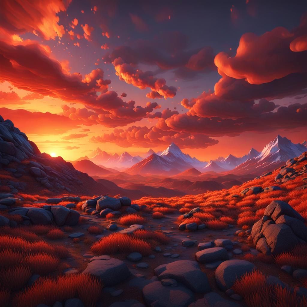 Dramatic Mountain Landscape at Fiery Sunset