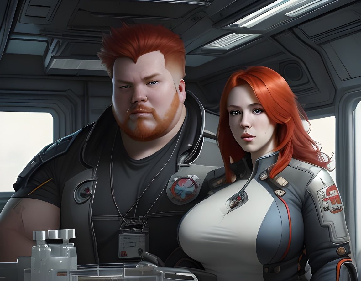 Redhead Twins in Sci-Fi Laboratory, Digital Art