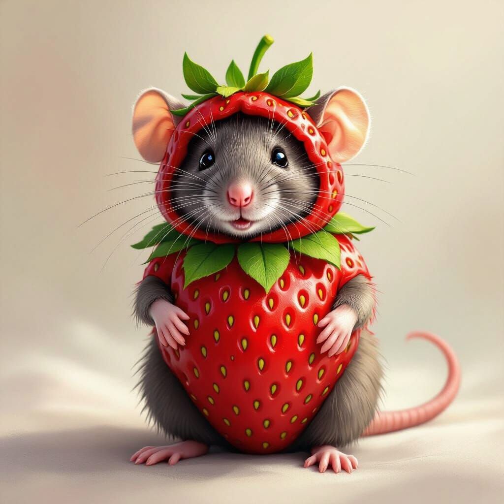 Whimsical Rat in Strawberry Costume, Storybook Illustration