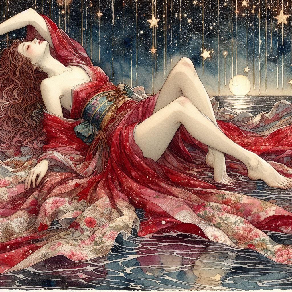 Woman in Red Dress: Ukiyo-e Watercolor