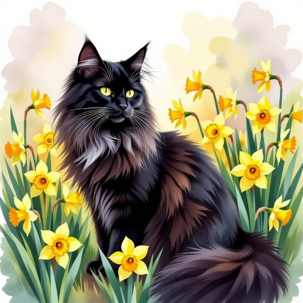 Black Cat Among Daffodils Watercolor Painting