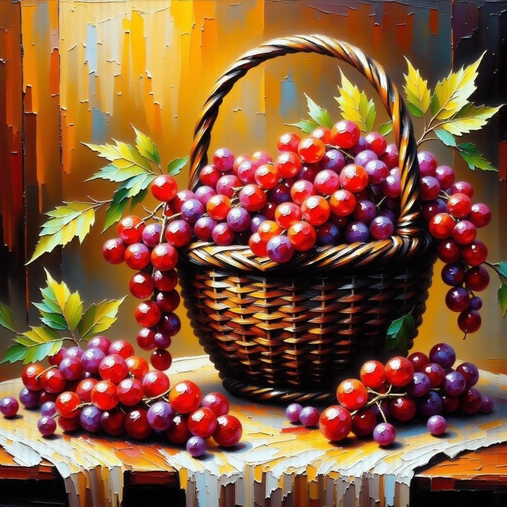 Textured Impasto Oil Painting of Red Grapes in Basket