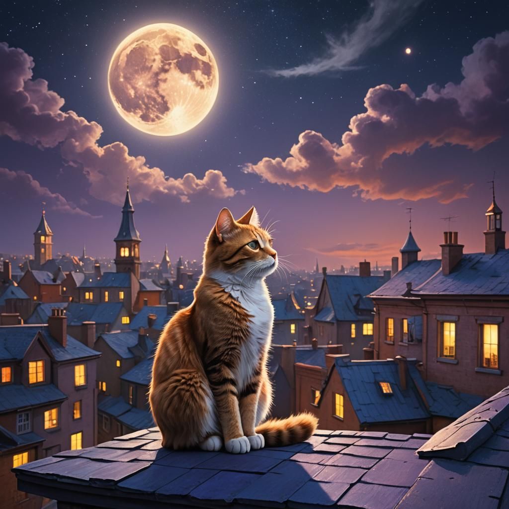 Cat Gazing at Moon in Whimsical Digital Painting