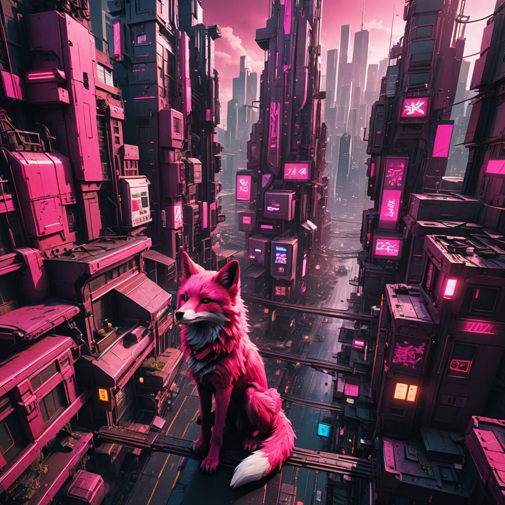 Pink Cyberpunk Fox in Cityscape Painting