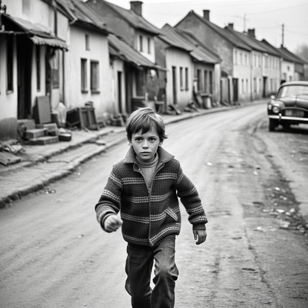 Boy Runs on Village Street: 1980s Black and White Photo