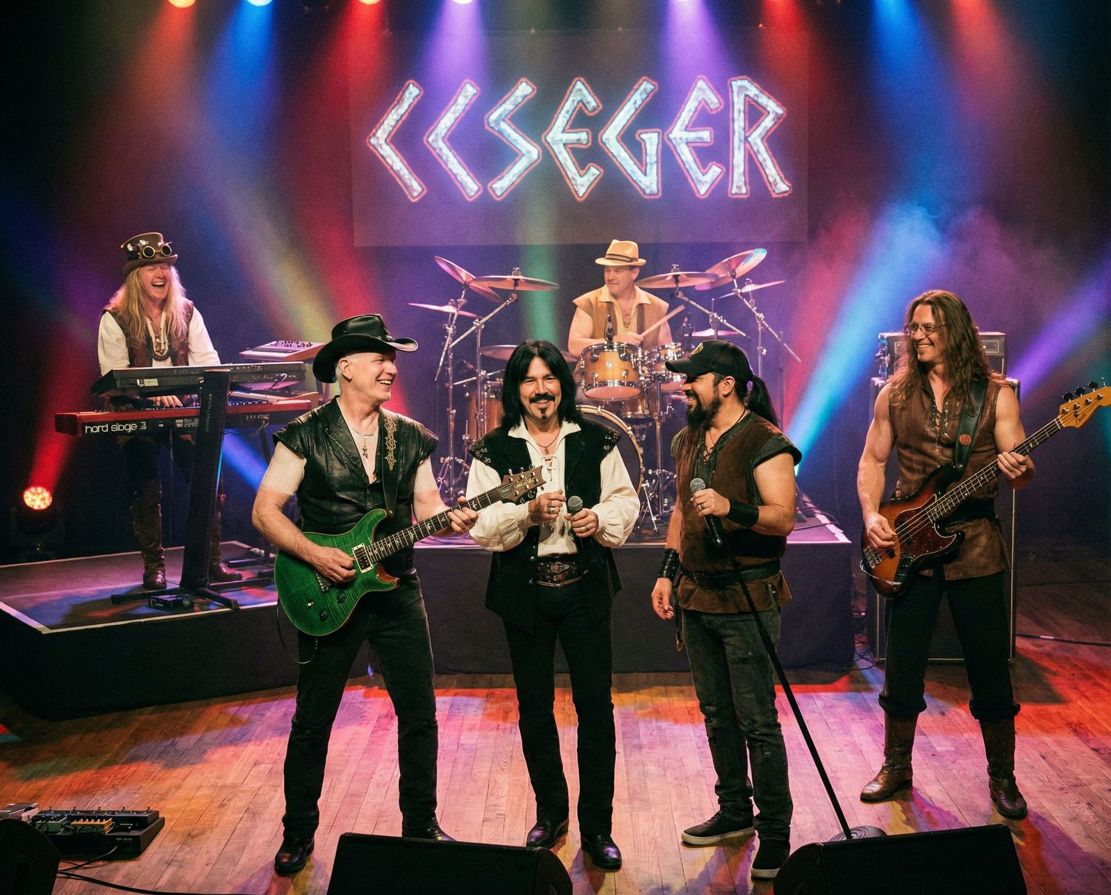 Rock Band Poses on Concert Stage with Colorful Lighting