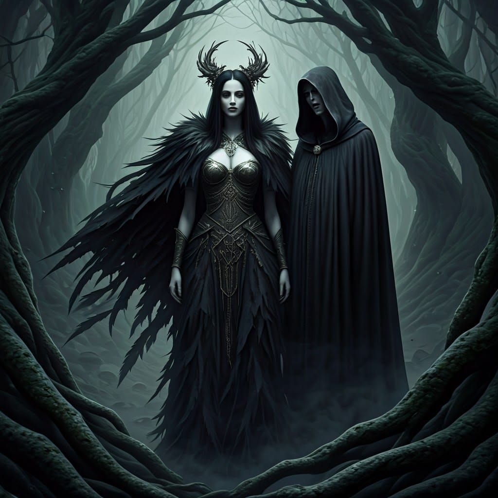 Morrigan and Banshee in Celtic Grove: Mystical Realism