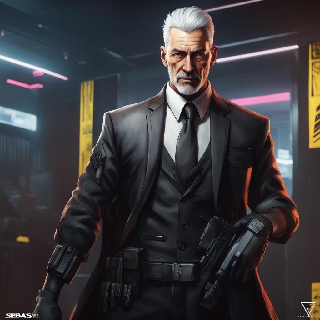 Cyberpunk Portrait: Well-Groomed Assassin in Black Suit