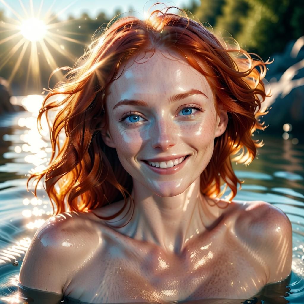 Redhead Woman Skinny Dipping in Sunlight, Hyper-Realistic