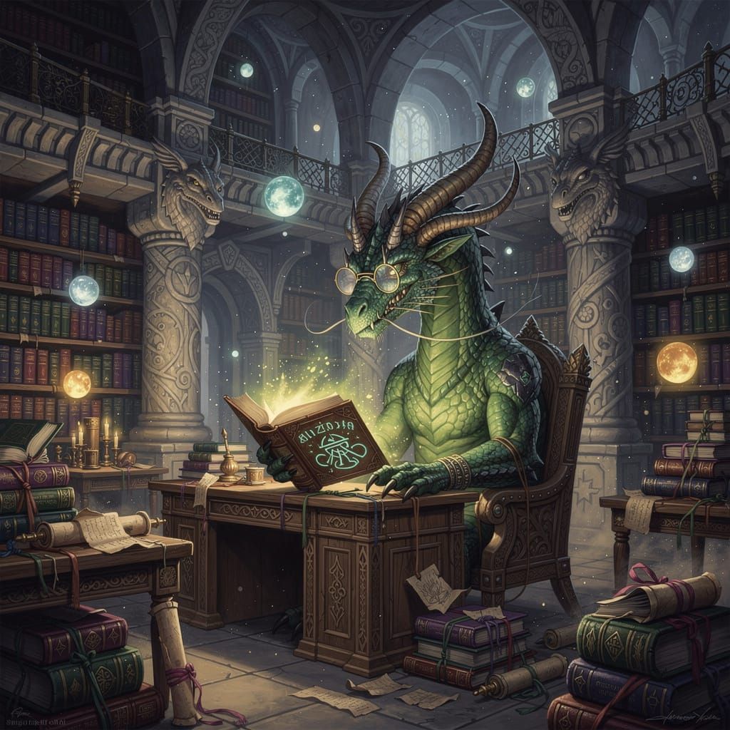 Wise Dragon Librarian Reading Glowing Books in Mystical Libr...