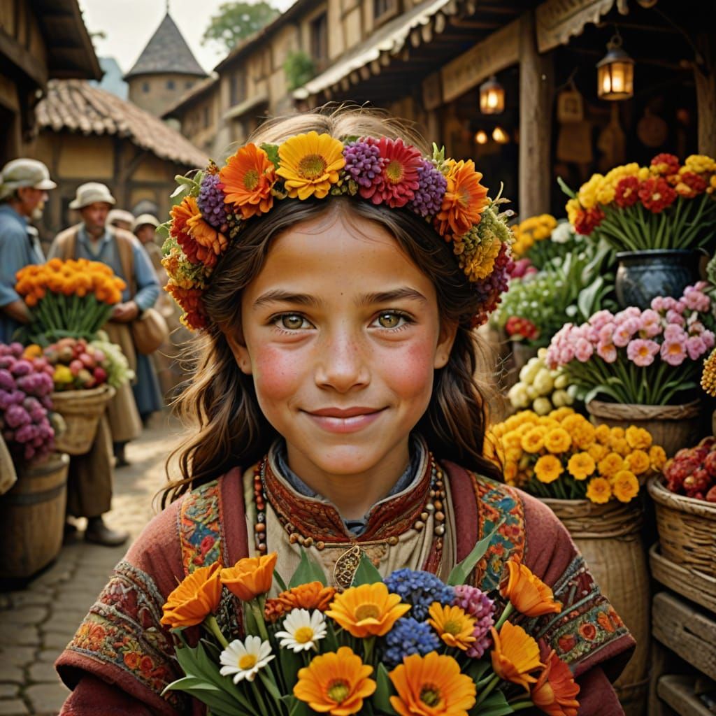Whimsical Folk Art Portrait of a Flower Market Child