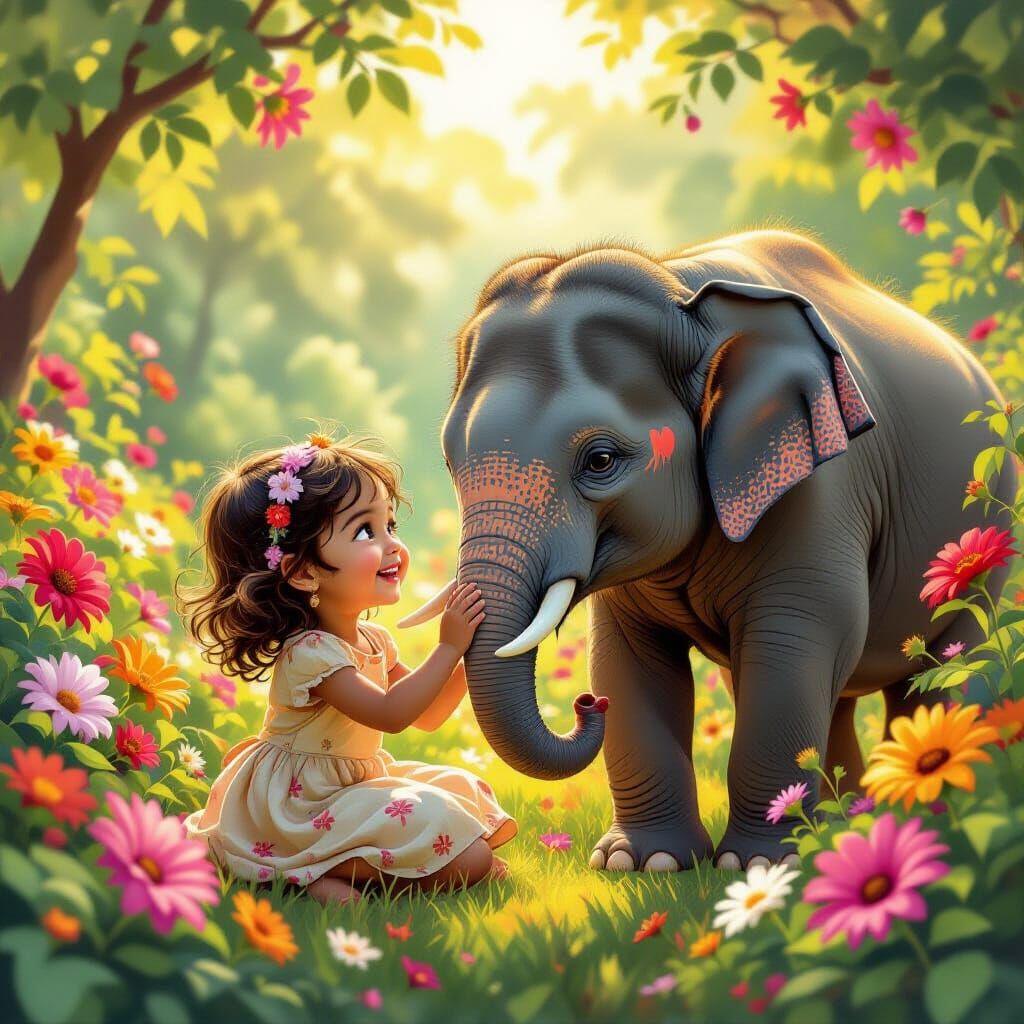 Girl and Elephant Play in Vibrant Botanical Garden